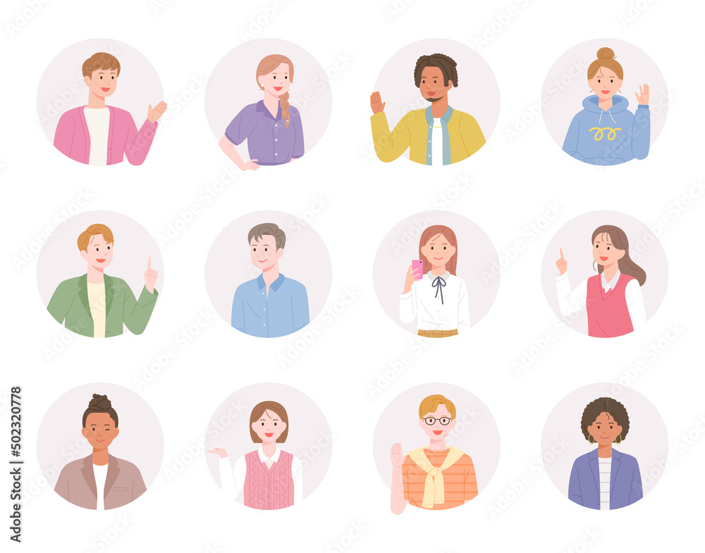 People of various styles are making gestures in a round frame. flat design style vector illustration.