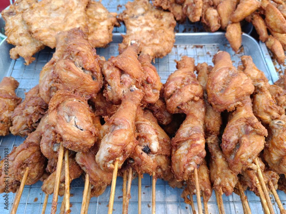 Delicious fried chicken sale at the market or street food. popular in Thailand