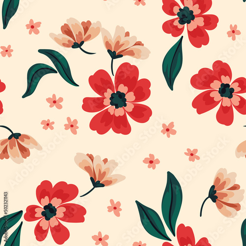Romantic floral print with a simple composition. Seamless pattern  romantic botanical background with falling red flowers  small pink flowers  leaves. Vector illustration.