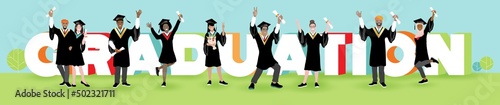 Group of diverse and successful graduating students together at big letters GRADUATION. Young  men amd women at party wearing graduate hats, mortaboards, capes, international characters, vector banner