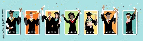 Online graduation ceremony, happy smiling graduate students with diploma, graduate hat stand at phone screens. Diverse young people remote virtual celebration meeting during quarantine vector banner