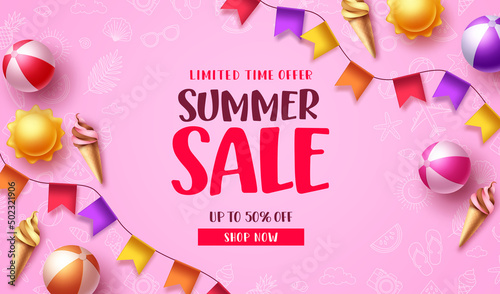 Summer sale vector banner design. Summer sale text in pink space with tropical season elements for holiday vacation promo ads background. Vector illustration. 
