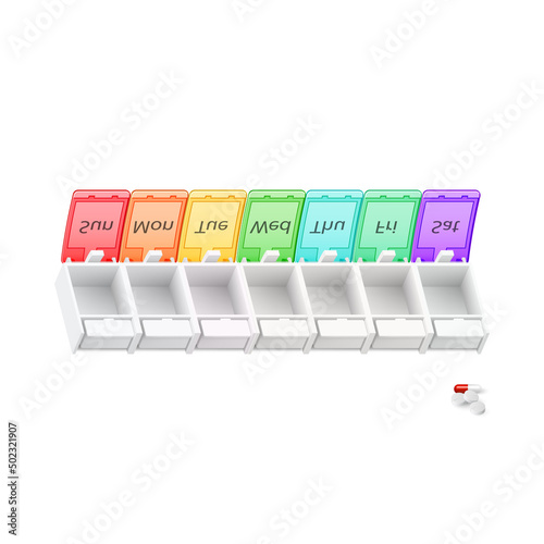 Illustration of Empty Plastic Pharmacy Organizer for Pills for Each Day of the Week on White. A Weekly Medicine Dispenser