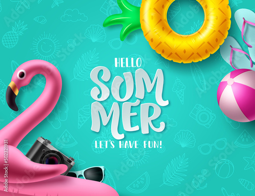 Summer hello vector design. Summer pattern background with flamingo and pineapple floaters for holiday season decoration. Vector illustration. 
