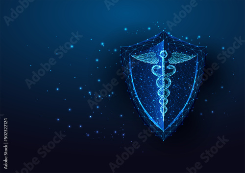 Futuristic health care, medicine concept with glowing caduceus symbol and protective shield 
