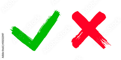 Two dirty grunge hand drawn with brush strokes cross x and tick OK check marks vector illustration isolated on white background. Check mark symbol NO and YES buttons for vote box, web, etc.