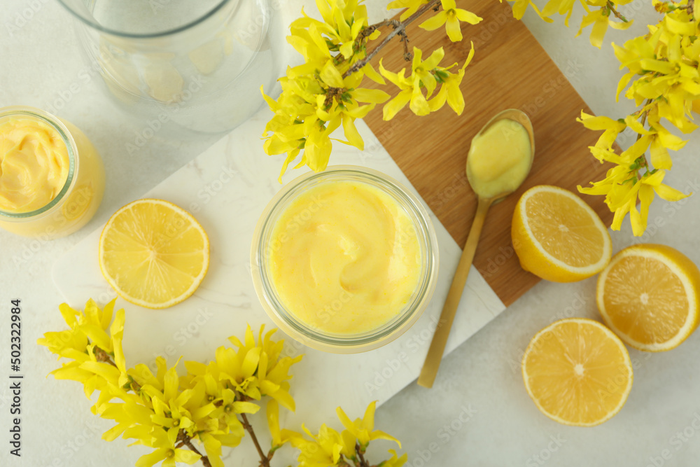 Concept of tasty food, lemon curd, top view Concept of tasty food, lemon curd, top view