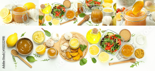 Collage of photos of food with honey mustard sauce