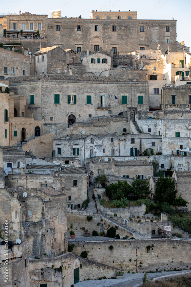 View of the Sassi di Matera a historic district in the city of Matera, well-known for their ancient cave dwellings. Basilicata. Italy