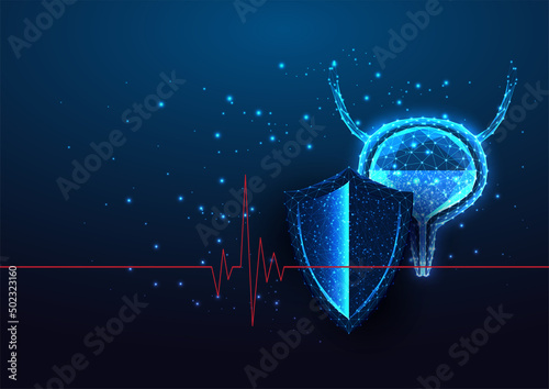 Futuristic bladder protection concept with glowing low polygonal human bladder and shield 