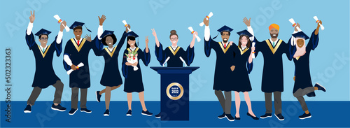 Graduation celebration, motivational speech concept. Flat style group of happy diverse male, female students wearing academic mantle, hat, holding diplomas. Graduation 2022 cartoon vector illustration
