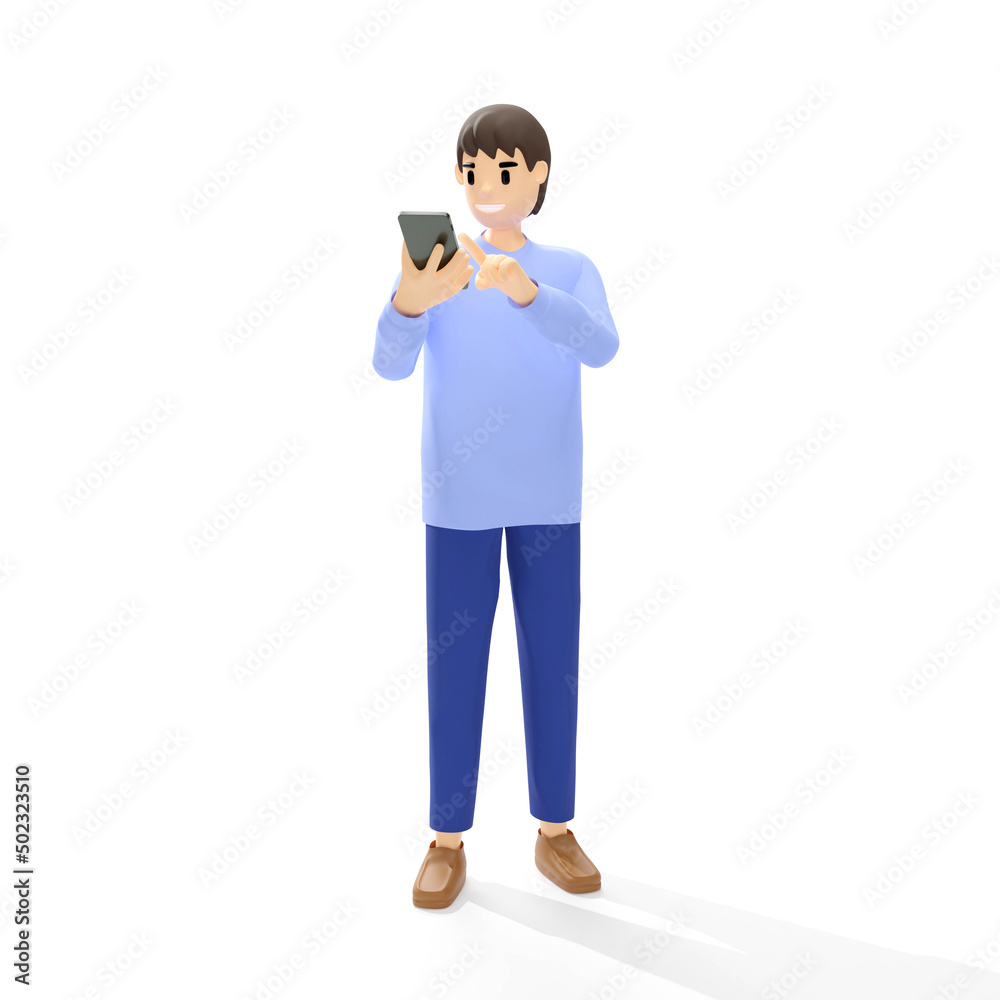3D man standing using mobile phone on white background