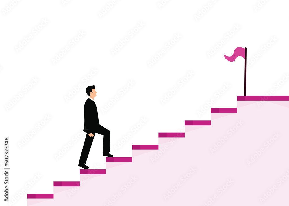 Tairway to success, growing income or improve skill to achieve business target concept, confidence businessman step walking up stair of success