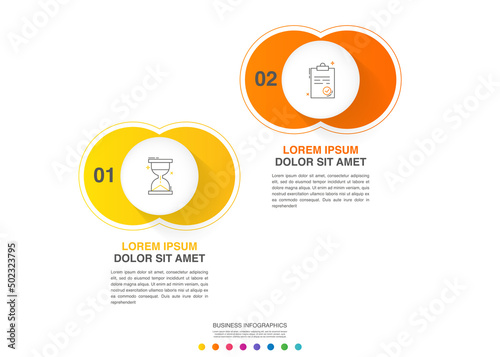 Vector circle infographics. Modern business timeline template with two steps and icons. Graphic timeline for app, website, interface, chart, levels, web, diagram, banner, presentations.