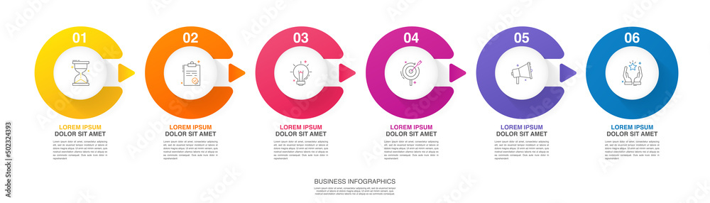 Business vector infographics with six circles and arrows. Timeline visualization with 6 steps for diagram, flowchart, banner, presentations, web, content, levels, chart, graphic Business vector infographics with six circles and arrows. Timeline visualization with 6 steps for diagram, flowchart, banner, presentations, web, content, levels, chart, graphic