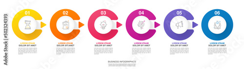 Business vector infographics with six circles and arrows. Timeline visualization with 6 steps for diagram, flowchart, banner, presentations, web, content, levels, chart, graphic