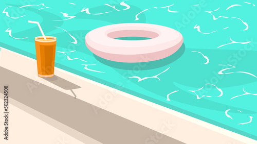 Outdoor summer pool, water ring and glass of juice, relaxation concept, vector illustration, flat design.