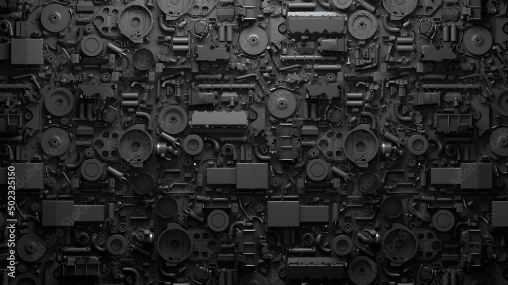 Dark industrial  wallpaper. 3d render vehicle parts pattern. Black transport  background with car parts, gear wheels, pipes, heap of auto parts, wheels. 3d illustration