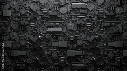 Dark industrial  wallpaper. 3d render vehicle parts pattern. Black transport  background with car parts, gear wheels, pipes, heap of auto parts, wheels. 3d illustration