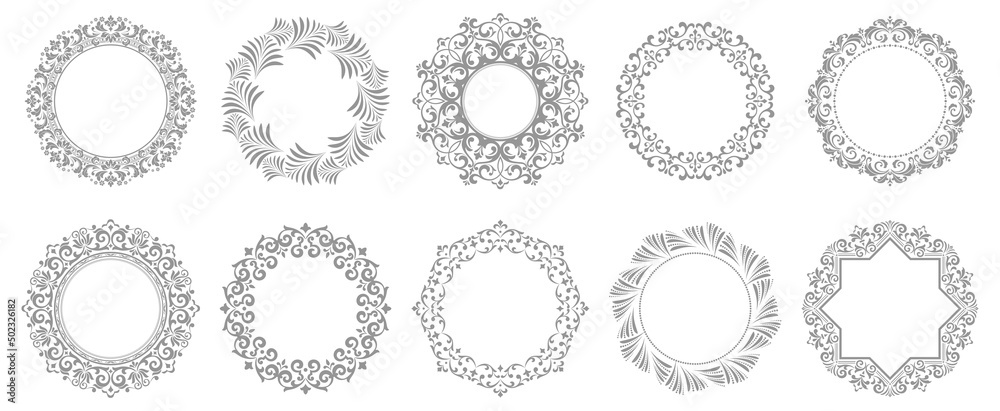 Set of decorative frames Elegant vector element for design in Eastern style, place for text. Floral gray and white borders. Lace illustration for invitations and greeting cards Set of decorative frames Elegant vector element for design in Eastern style, place for text. Floral gray and white borders. Lace illustration for invitations and greeting cards