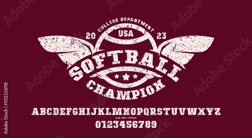 Slab serif font in sport style and softball emblem