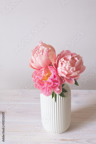 Beautiful bunch of fresh Coral Charm peonies in full bloom in vase against white background. Minimalist floral still life with blooming flowers. © Iryna