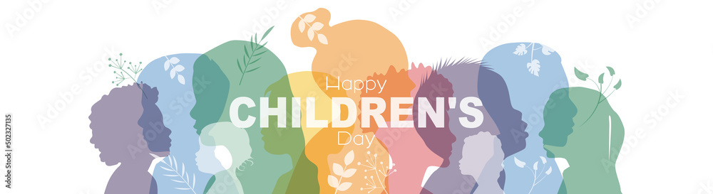 Fototapeta premium Happy Children's Day card. Children stand side by side together. Flat vector illustration.