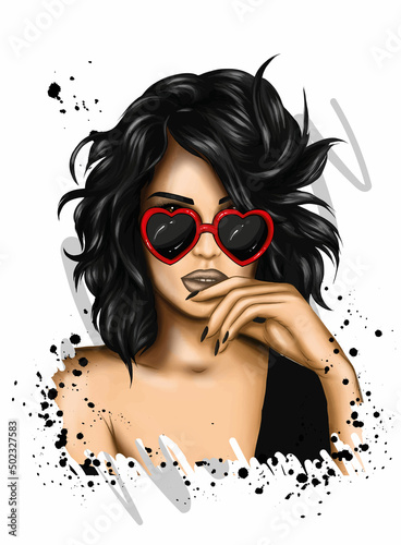 Beautiful girl with glasses in the shape of hearts. Valentine's Day and love. Vector illusion for a postcard or poster, print on clothes. Fashion and style, accessories.
