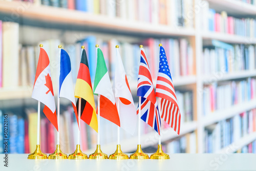 World economy and economic policies concept : Flags of G7 or group of seven countries i.e Canada, France, Germany, Italy, Japan, UK, USA. G7 summit goal is fine tuning of short term economic policies. photo