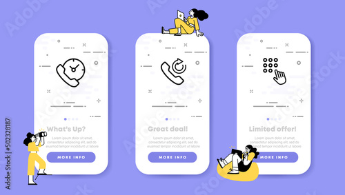 Phone set icon. Calls around the clock, call back, dialing. Communication concept. UI phone app screens with people. Vector line icon for Business and Advertising