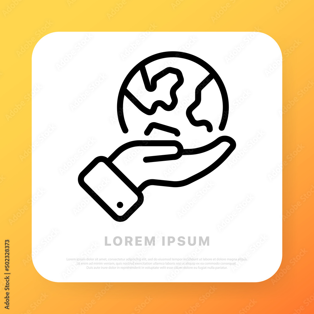Earth in hand line icon. Save the planet. Grean peace. Ecology concept. Line icon style. Vector line icon for Business and Advertising Earth in hand line icon. Save the planet. Grean peace. Ecology concept. Line icon style. Vector line icon for Business and Advertising