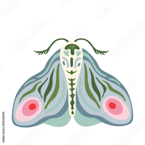 Exotic butterfly, moth. Tropical flying insect cartoon vector hand drawn isolated illustration. Stylized mystical design element for print, cover, book, poster, card