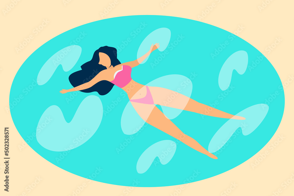 Lovely cartoon girl in a pink swimsuit swims in the pool. Vector illustration.