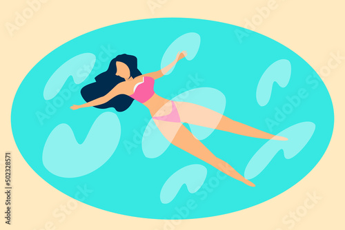 Lovely cartoon girl in a pink swimsuit swims in the pool. Vector illustration.