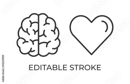 Brain heart balance. The struggle of emotions and rational thinking. Vector illustration. Editable stroke linear icon.