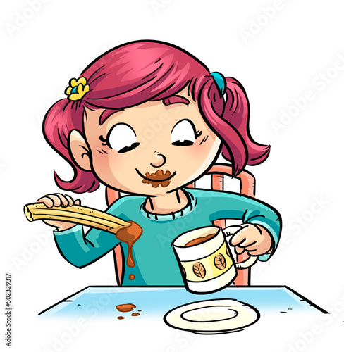 Illustration of little girl eating churros with chocolate