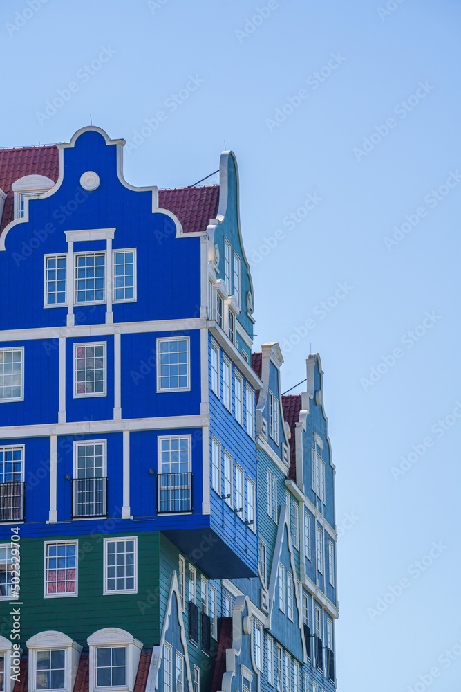 Modern designed block buildings with colorful wall in Zaandam, Netherlands