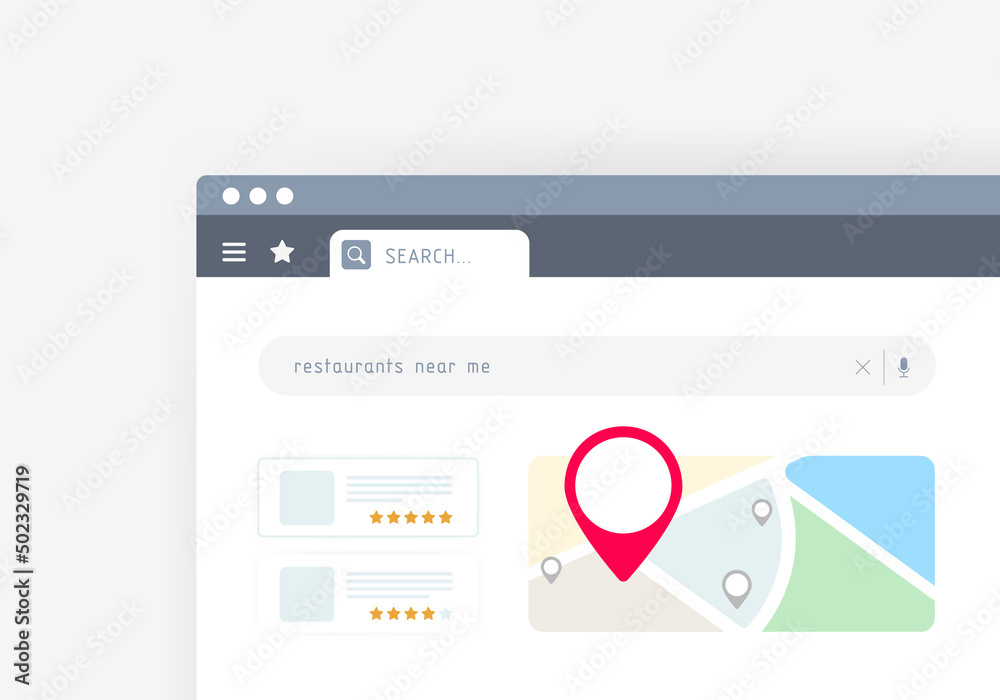 Near Me Search - local seo marketing strategy based on regional consumer searches for services or product nearby. Browser with search result and map of nearby places with descriptions and ratings.  - obrazy, fototapety, plakaty 