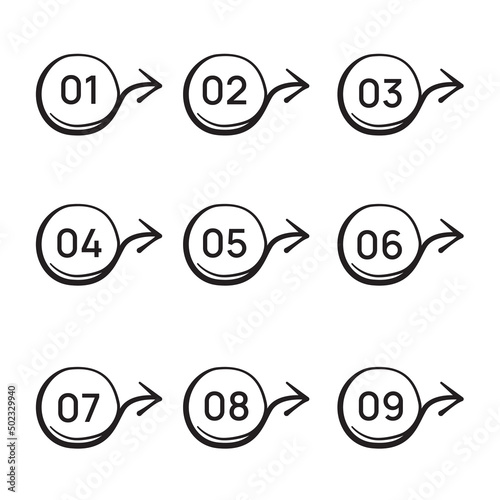 number points, round and arrow, hand drawn style