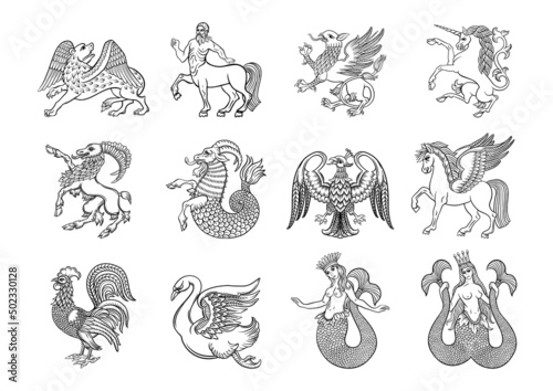 Heraldic mythical animals and creatures. Traditional character styles for coats of arms and shields. Clip art, set of elements for design Vector illustration.