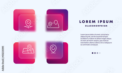 Map set icon. Pointer, location, navigation, gps. Distances, route, destination. Geolocation concept. Glassmorphism style. Vector line icon for Business and Advertising