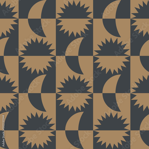 Vector sun and moon symbol shape luxury black gold color seamless checkered pattern background. Use for fabric, textile, interior decoration elements, upholstery, wrapping.