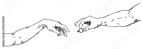 Marriage proposal. A man's hand holds out a ring for a woman's hand. Hands reaching out to each other, engagement. Vector illustration in sketch style. All elements are isolated on white background