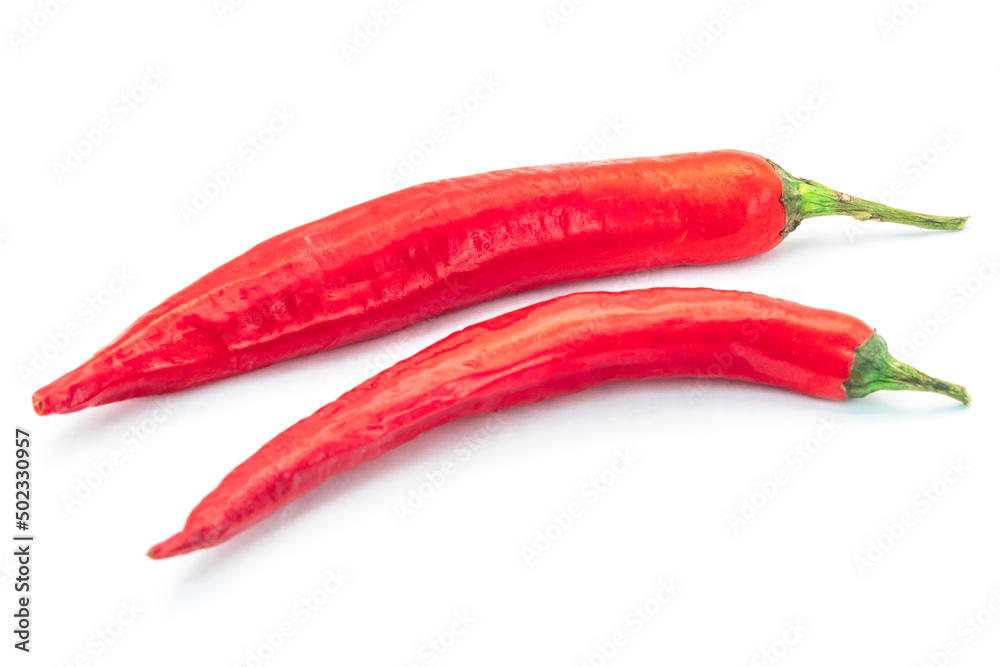 Fresh two red chilli on white background.