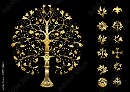 Byzantine traditional historical motifs of animals, birds, flowers and plants Clip art, set of elements for design in gold and black Vector illustration.