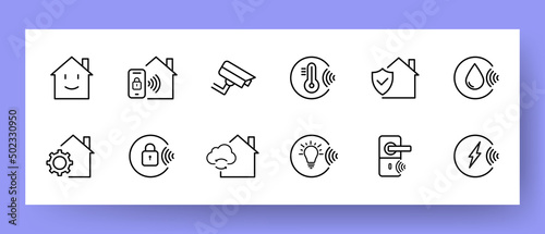 Smart house set icon. Home, WiFi, CCTV camera, temperature, moisture resistance, alarm, electricity, etc. Vector line icon for Business and Advertising