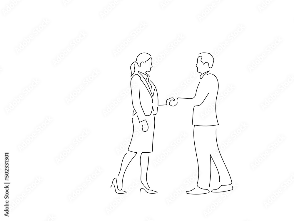 Company work team in line art drawing style. Composition of a group of business people doing their job. Black linear sketch isolated on white background. Vector illustration design.