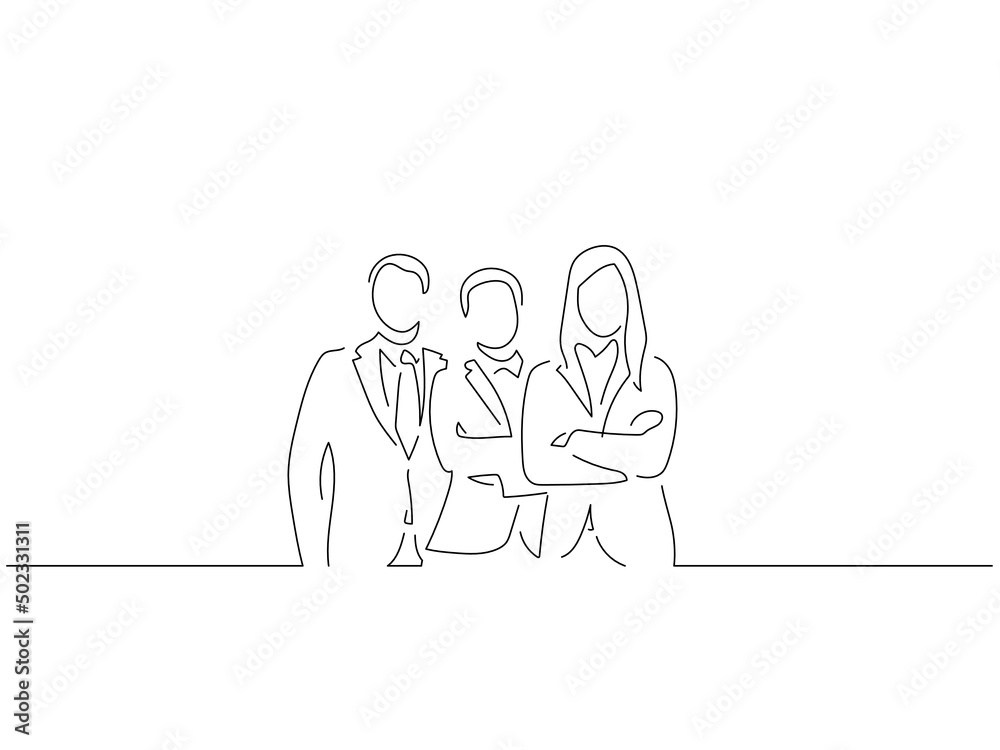 Company work team in line art drawing style. Composition of a group of business people doing their job. Black linear sketch isolated on white background. Vector illustration design.
