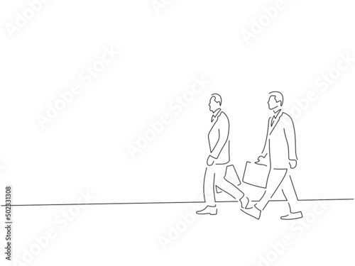 Company work team in line art drawing style. Composition of a group of business people doing their job. Black linear sketch isolated on white background. Vector illustration design.
