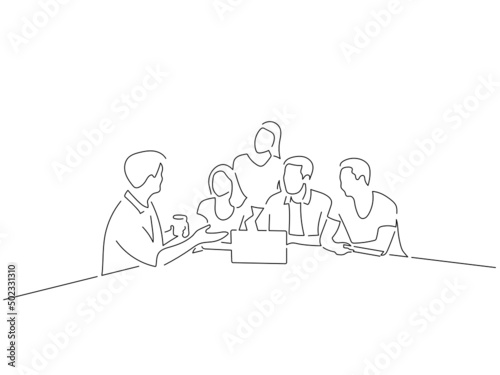 Company work team in line art drawing style. Composition of a group of business people doing their job. Black linear sketch isolated on white background. Vector illustration design.